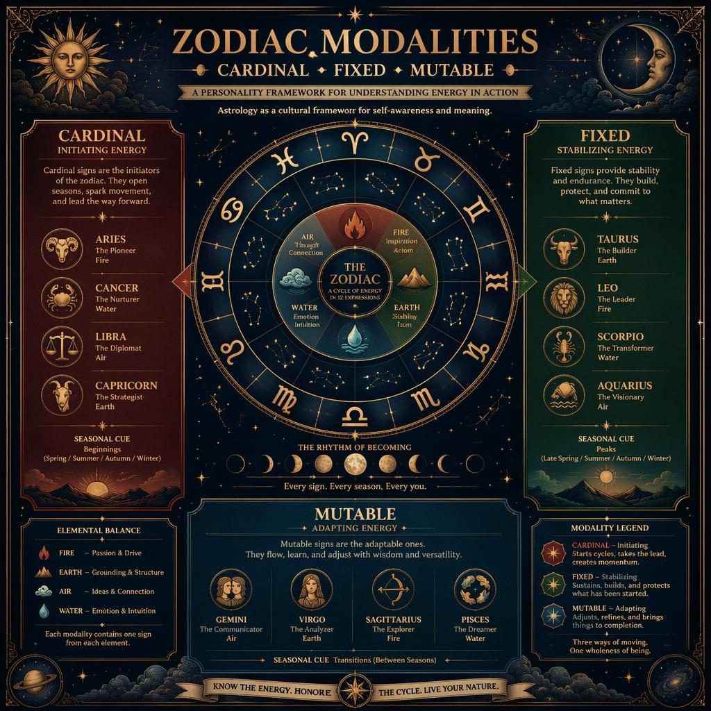 Vintage zodiac infographic in midnight blue and gold with central wheel, celestial frame, and Cardinal, Fixed, Mutable sign sections.