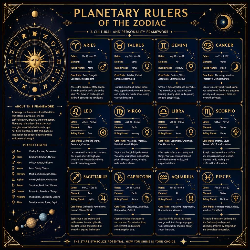 Art deco zodiac infographic in midnight blue and gold showing planetary rulers, zodiac glyphs, star maps, and sign profile cards.