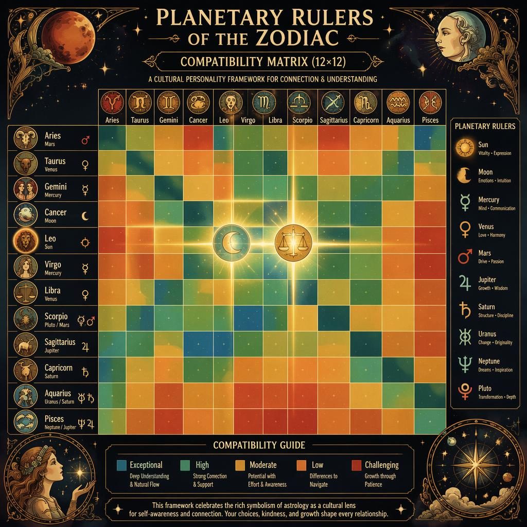 Infografía zodiacal con matriz 12×12, signos en ambos ejes, estilo art nouveau y conexión destacada entre Cáncer y Libra.