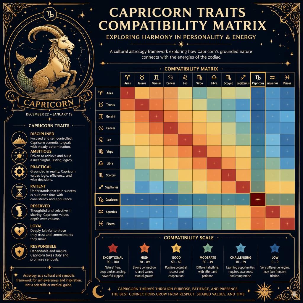 Art nouveau Capricorn compatibility matrix infographic with 12x12 zodiac heatmap, gold celestial linework on midnight blue