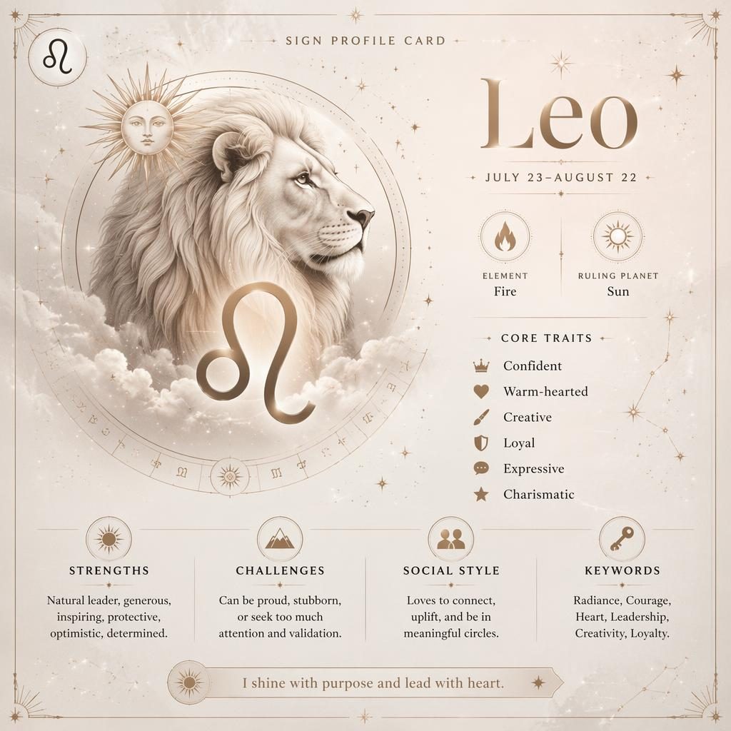 Leo traits zodiac infographic card with Leo glyph, zodiac wheel, star map motifs, pastel monochrome celestial layout.