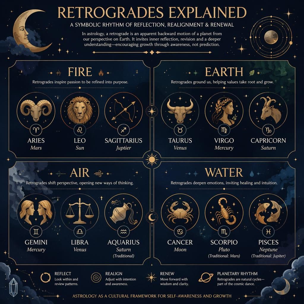 Infografía zodiacal en azul profundo y dorado con 12 signos por elementos, estrellas, lunas y órbitas celestes.