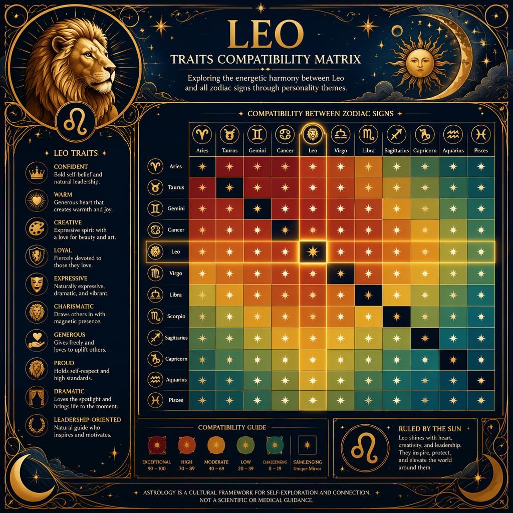 Infografía mística art nouveau con matriz 12×12 de compatibilidad zodiacal, Leo destacado, iconos, leyenda y tonos azul y oro.