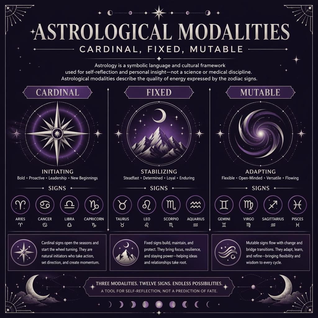 Astrology infographic showing Cardinal, Fixed, and Mutable modalities with zodiac signs, celestial icons, and purple-silver layout.