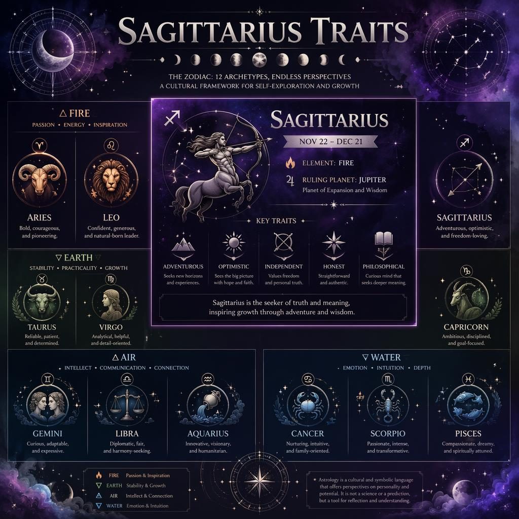 Celestial zodiac infographic with a 12-sign grid by elements, Sagittarius highlighted in a larger fire panel.