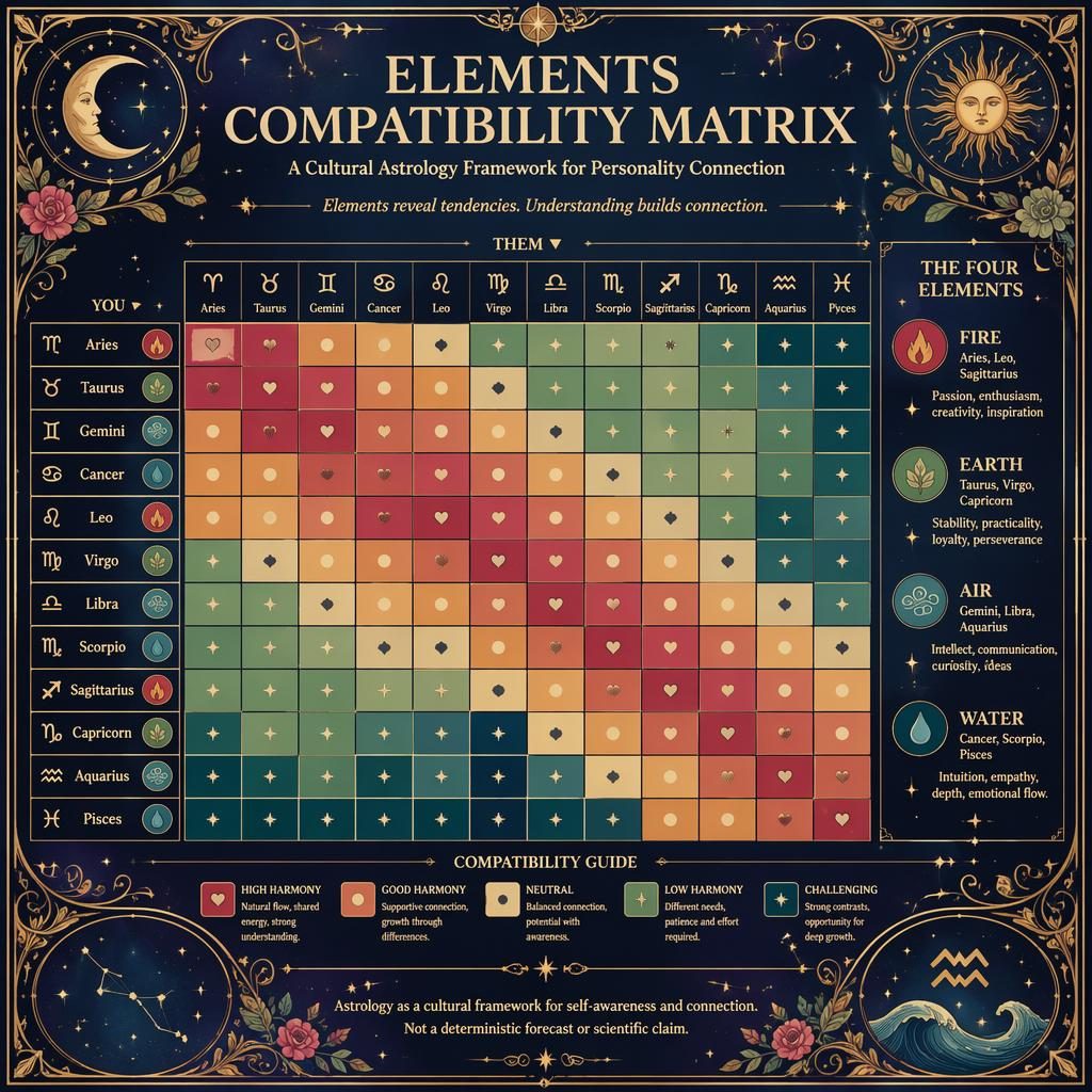 Art nouveau zodiac heatmap infographic with 12 signs on both axes, elemental legend, celestial motifs, and blue-gold accents.
