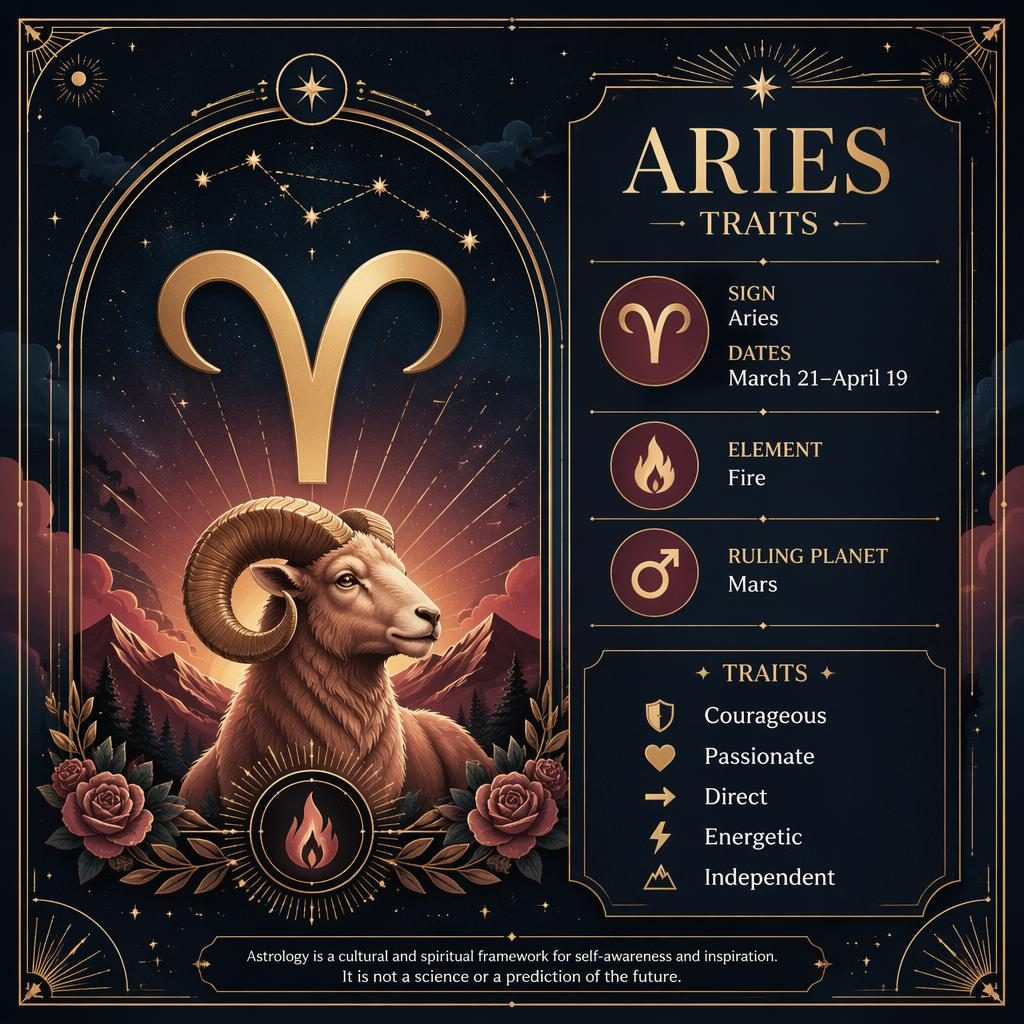 Infografía editorial de Aries con glifo central, fechas 21 mar–19 abr, fuego, Marte y rasgos en inglés sobre fondo azul