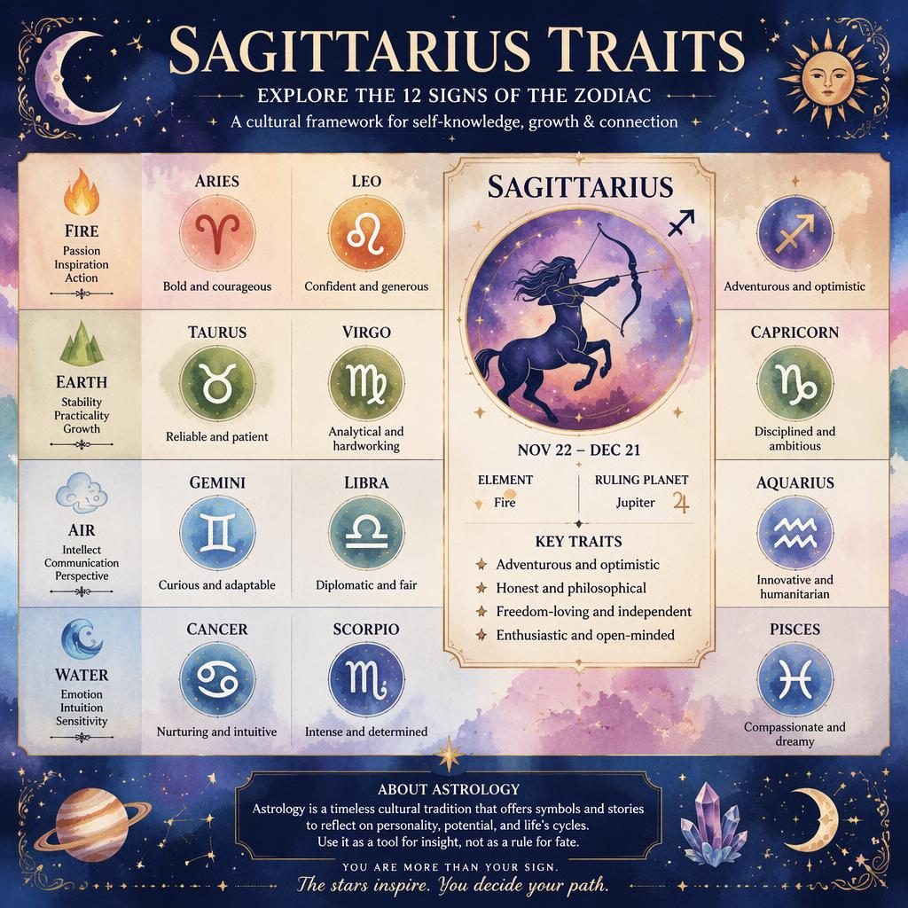 Watercolor zodiac infographic showing all 12 signs by element, with Sagittarius highlighted in fire with dates and traits.