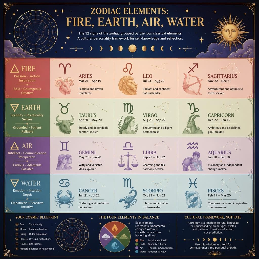 Pastel celestial zodiac infographic with 12-sign grid grouped by Fire, Earth, Air, and Water, with glyphs and traits.