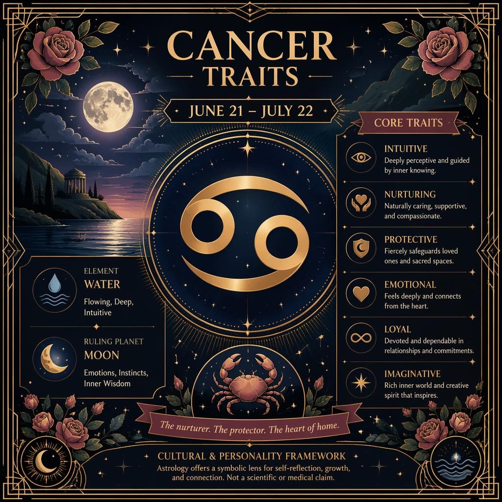 Art deco zodiac infographic for Cancer with glyph, June 21–July 22, Water, Moon, and trait callouts in gold, rose, forest, blue.