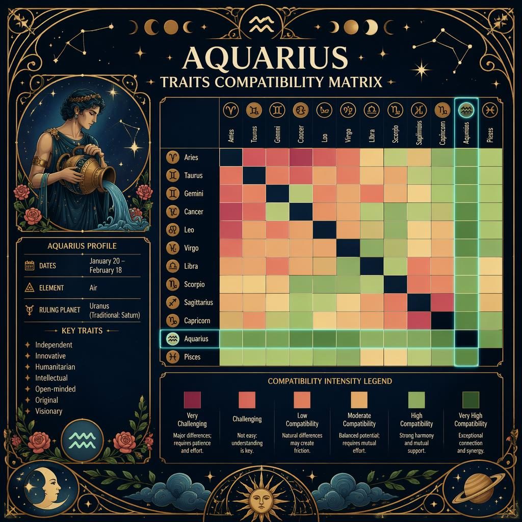 Art nouveau zodiac match table infographic with a 12x12 Aquarius compatibility heatmap, legend, profile panel, stars and gold-blue motifs.