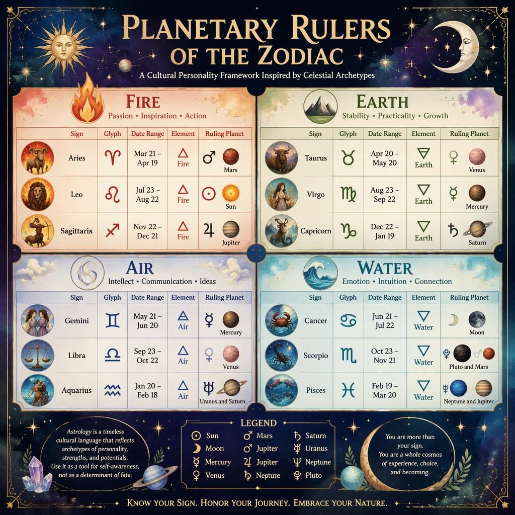 Mystical zodiac infographic with 12 signs grouped by Fire, Earth, Air, and Water, showing glyphs, dates, elements, and ruling planets.