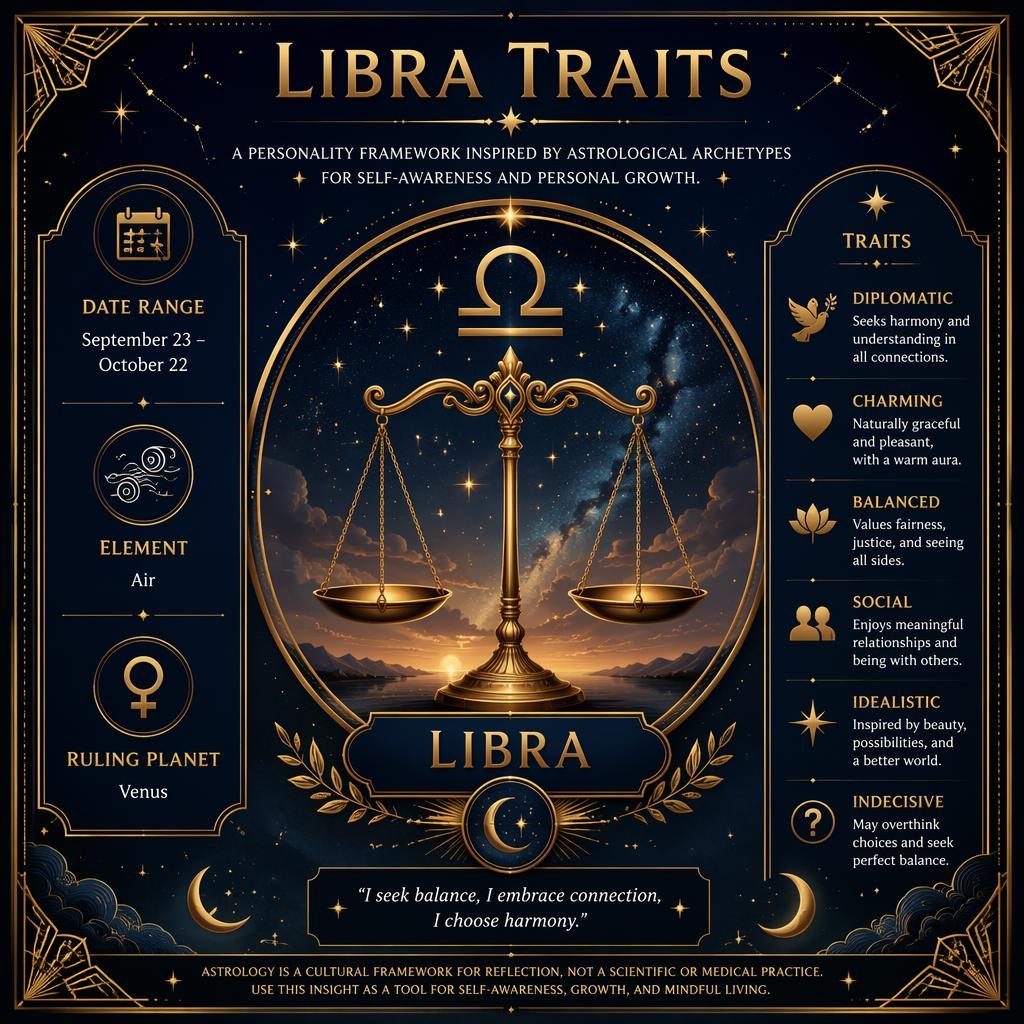 Libra traits infographic with scales glyph, art deco gold borders, constellation stars, crescent moon, and English sign details.