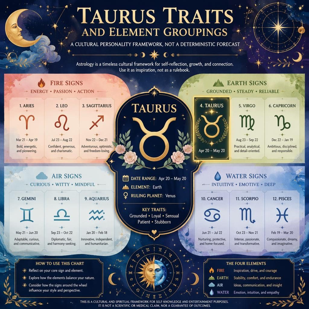 Watercolor zodiac infographic showing 12-sign element groups with Taurus highlighted, celestial icons, traits, dates, and Venus.
