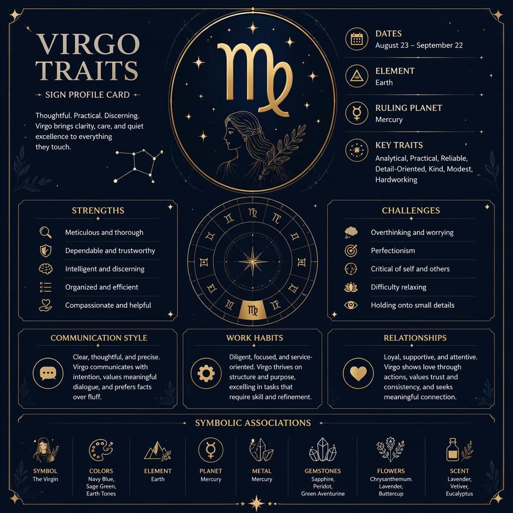Midnight blue and gold Virgo traits infographic with Virgo glyph, dates, Mercury, traits, stars, constellation, and cuspal chart motifs.