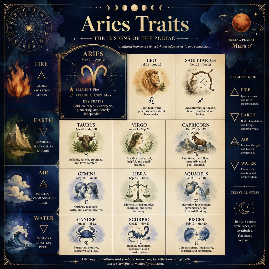 Watercolor zodiac infographic grid by element with Aries highlighted, celestial icons, midnight blue and gold parchment design.