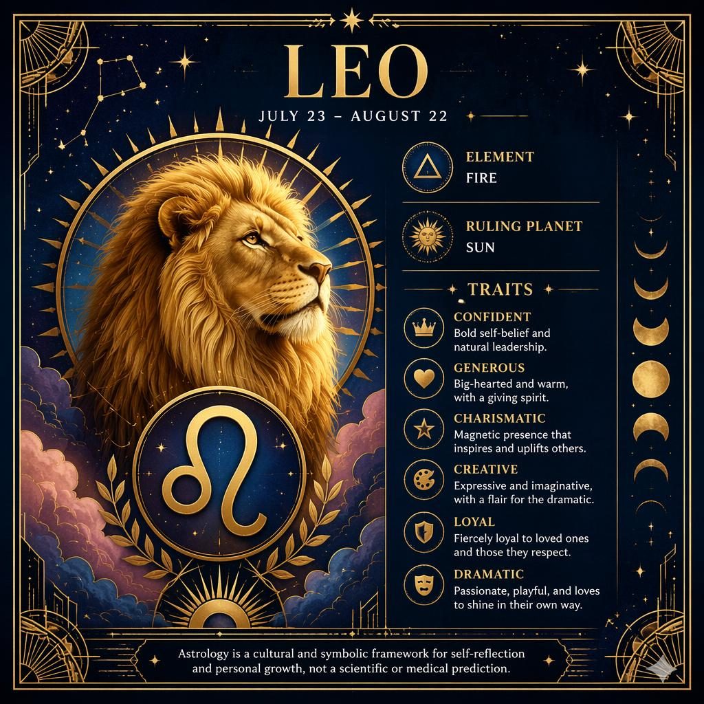 Leo traits infographic with lion glyph, Art Deco gold frame, deep blue celestial background, sun, stars, moon phases.