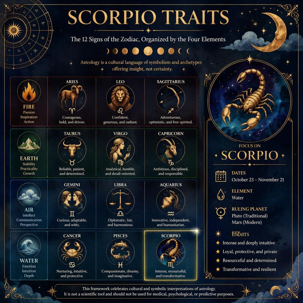 Mystical zodiac infographic showing all 12 signs by element, with Scorpio highlighted in a midnight blue and gold watercolor design.