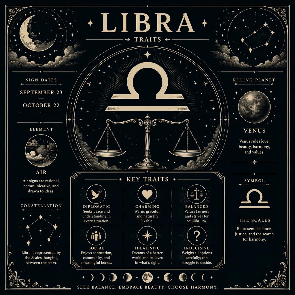 Infografía zodiacal monocroma de Libra con glifo central, fechas, Venus, elemento aire, rasgos y adornos celestes simétricos.