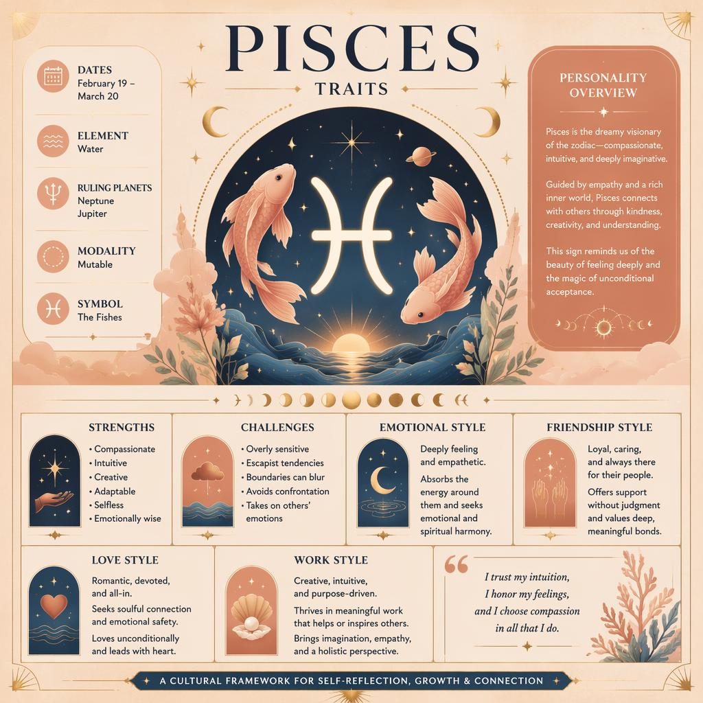Pisces Traits zodiac infographic with centered Pisces glyph, moon phases, constellation lines, and warm pastel celestial design.