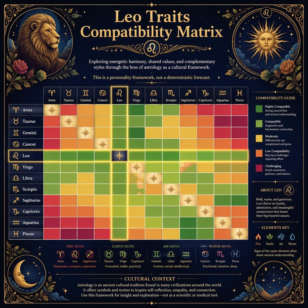 Deep blue and gold zodiac infographic heatmap highlighting Leo traits compatibility with all 12 signs, celestial motifs and borders.