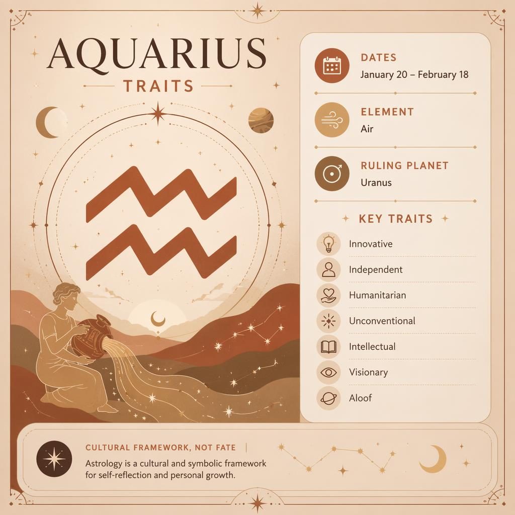 Aquarius traits infographic with glyph, dates, Air element, Uranus, traits, stars, moons, and muted terracotta palette.