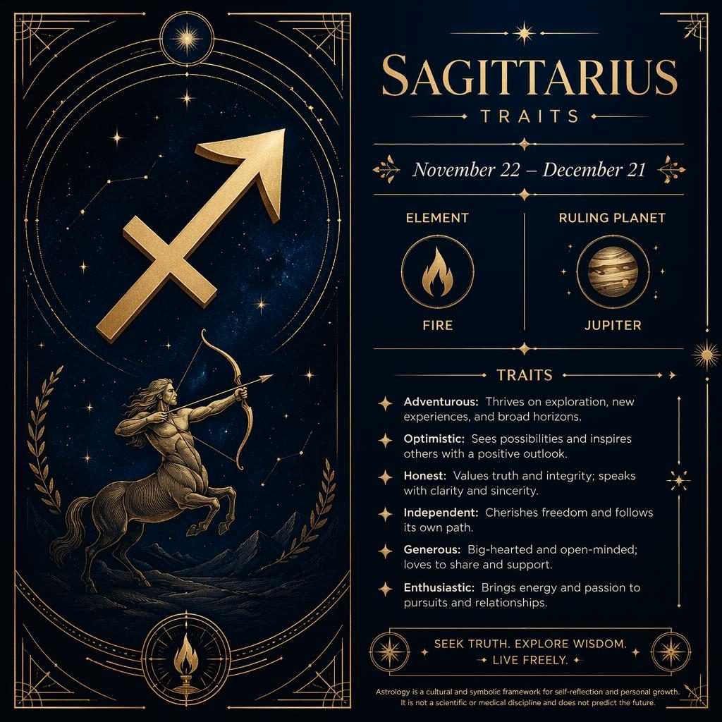 Luxurious Sagittarius traits infographic with gold glyph, Jupiter, date range, element, and celestial Art Deco details.