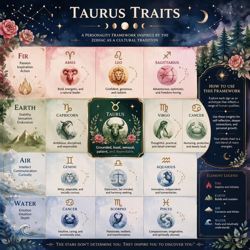 Infografía zodiacal en acuarela con cuadrícula de 12 signos por elemento, Tauro destacado, glifos, constelaciones y lunas.