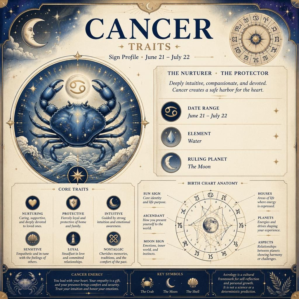 Vintage Cancer traits infographic with crab icon, zodiac wheel, moon symbols, stars, and pastel blue-gold celestial design.