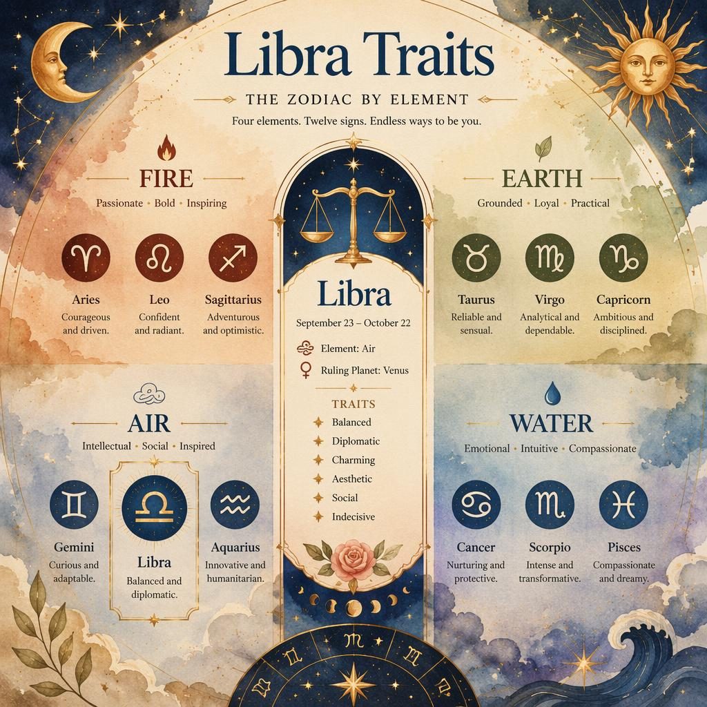 Watercolor zodiac infographic with 12 signs grouped by Fire, Earth, Air, and Water, highlighting Libra with dates, Venus, and traits.