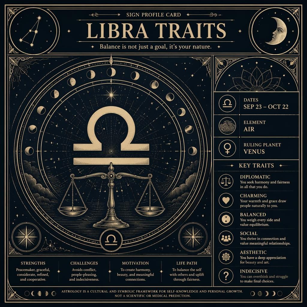 Vintage Libra traits infographic with Libra glyph, Sep 23–Oct 22, Air, Venus, celestial diagrams, and monochrome linework.