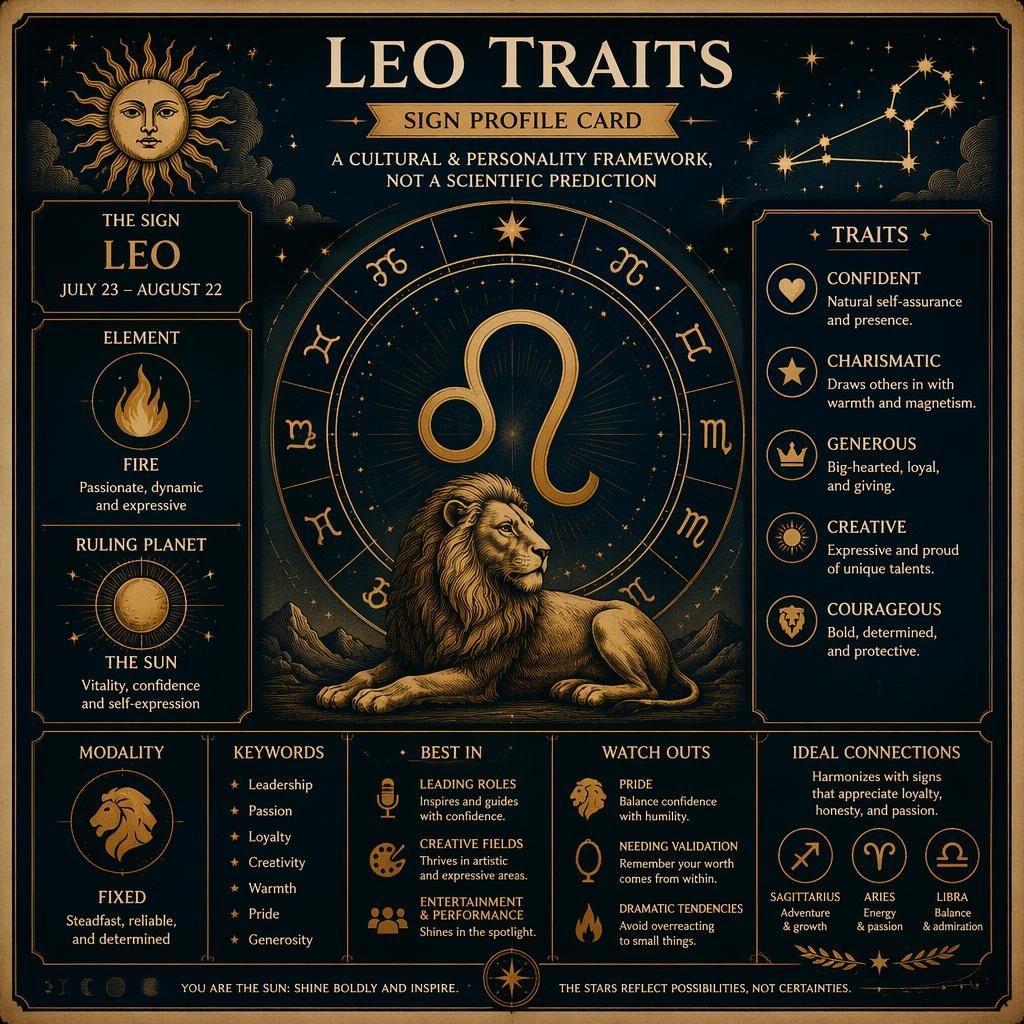 Leo Traits sign profile card infographic with Leo glyph, zodiac wheel, constellations, deep blue and gold vintage layout