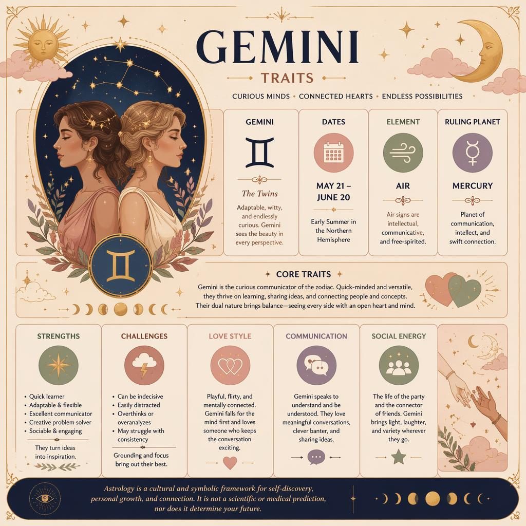 Pastel zodiac infographic card for Gemini with glyph, dates, Mercury, traits, strengths, challenges, love style and stars