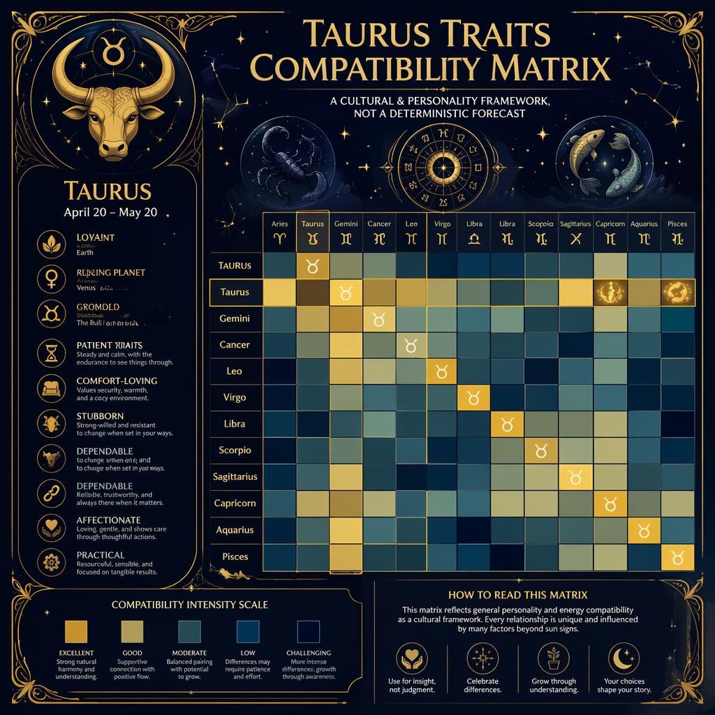 Infografía zodiacal de Tauro con matriz 12x12, estilo art nouveau azul medianoche y dorado, símbolos celestes y rueda zodiacal.