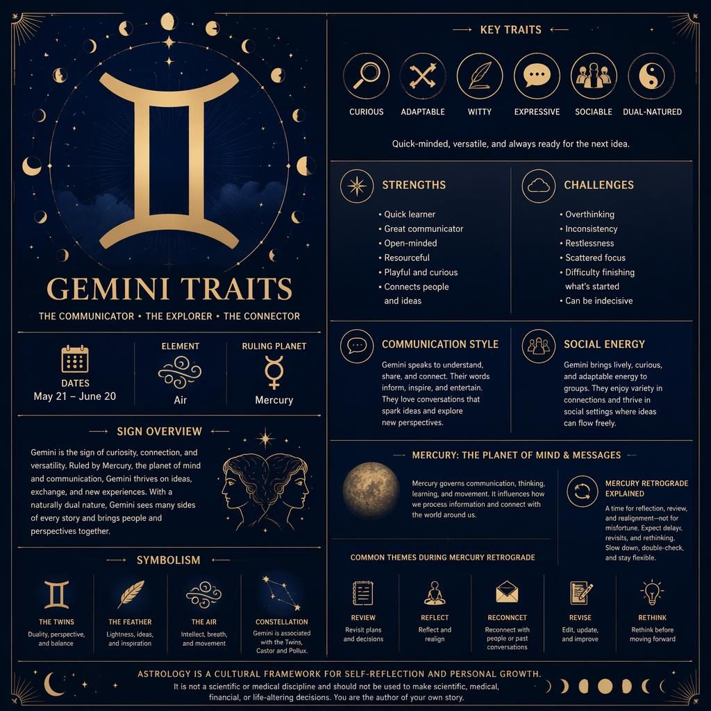Infographie astrologique Gémeaux en bleu nuit et or, avec glyphe, dates, Mercure, traits, étoiles et constellation.