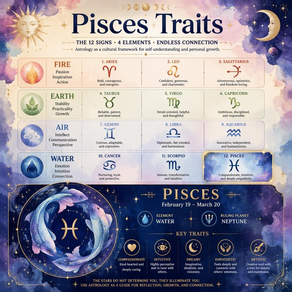 Mystical watercolor zodiac infographic showing a 12-sign grid by element, with Pisces highlighted in the Water group.