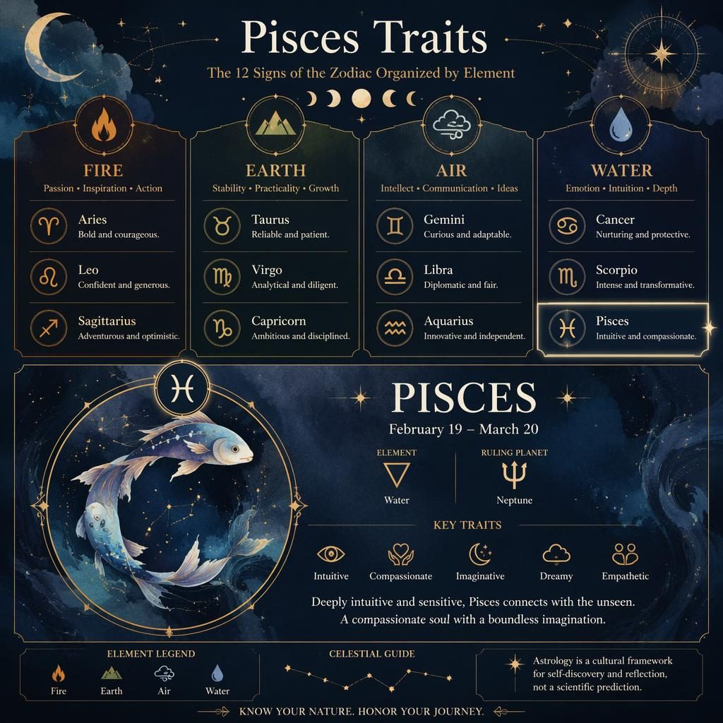 Mystical zodiac infographic showing 12 signs in Fire, Earth, Air, and Water clusters, with Pisces highlighted in blue and gold.