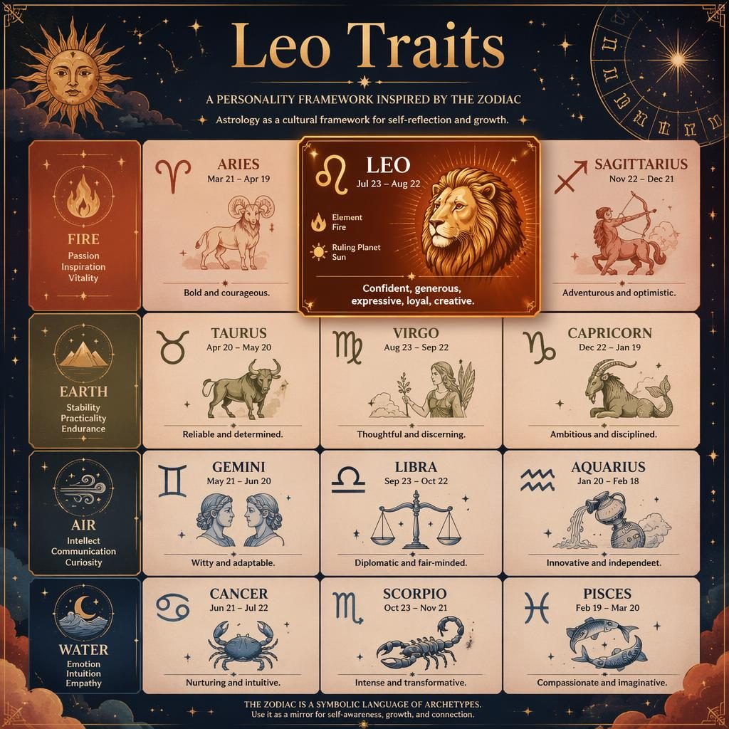 Watercolor zodiac infographic grid grouped by elements, with Leo highlighted in Fire using gold celestial accents.