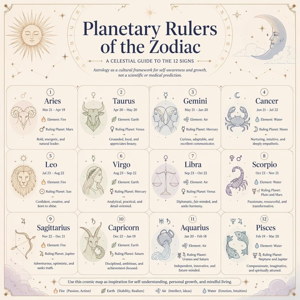 Elegantní infografika zodiac zvěrokruh s 12 znameními v mřížce, vládnoucími planetami, prvky a nebeskými motivy.