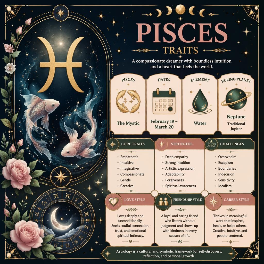 Pastel Pisces traits infographic with glyph, dates, Neptune, traits, moon phases, zodiac motifs, and celestial editorial layout.