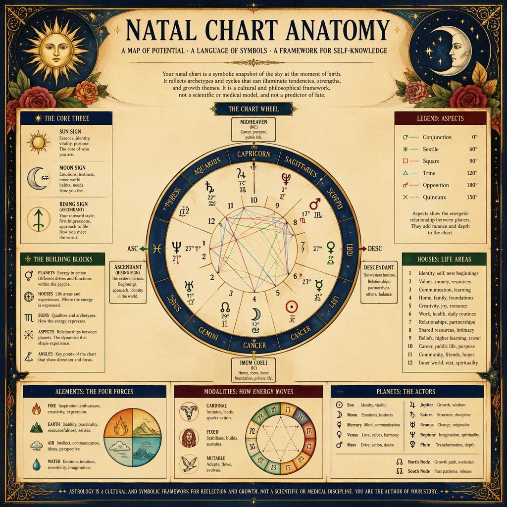 Vintage-style natal chart anatomy infographic with central birth chart wheel, English labels, celestial border, blue and gold.
