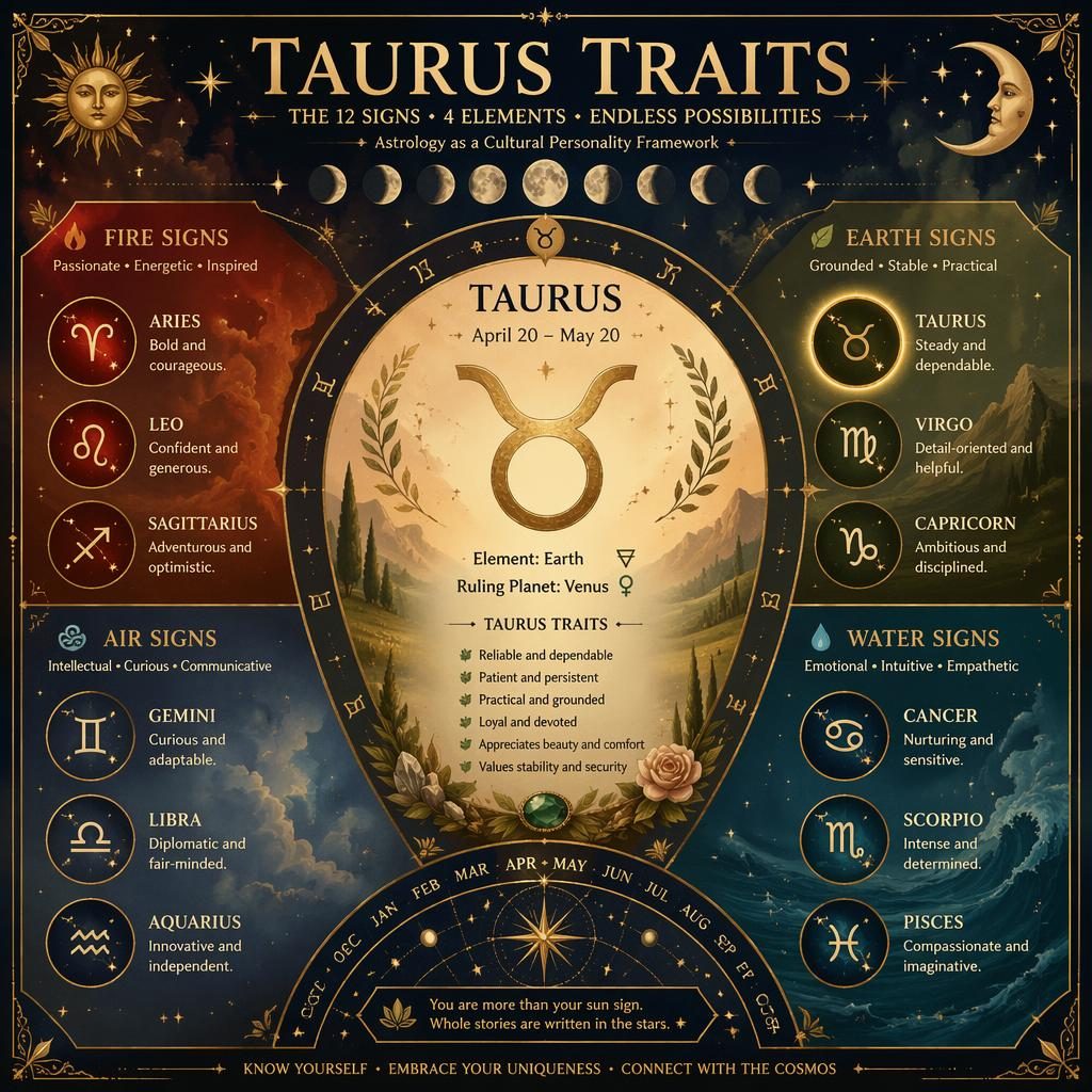Mystical Taurus Traits infographic with 12-sign grid, Taurus highlighted, earth palette, celestial motifs, moon phases.