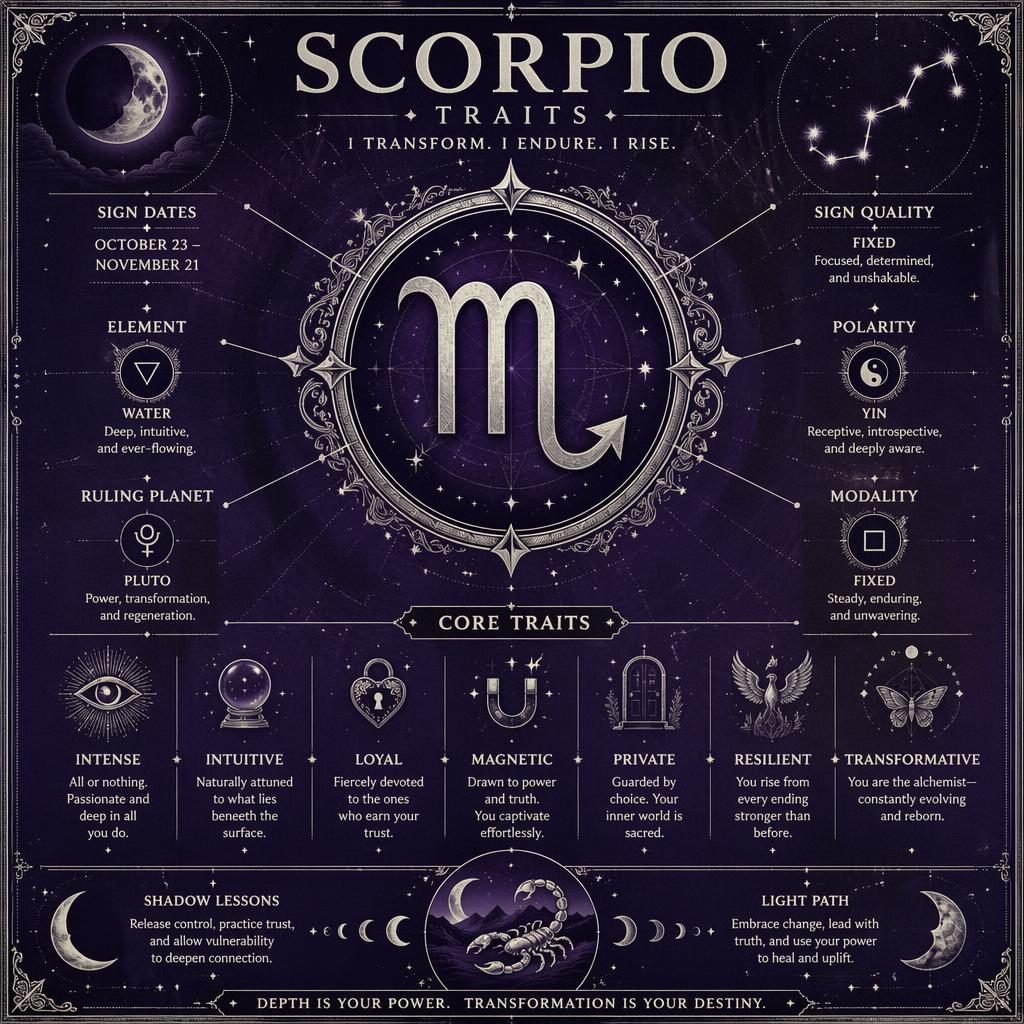 Infografía zodiacal de Escorpio en morado y plata con glifo central, marco celeste, constelaciones y rasgos en inglés.