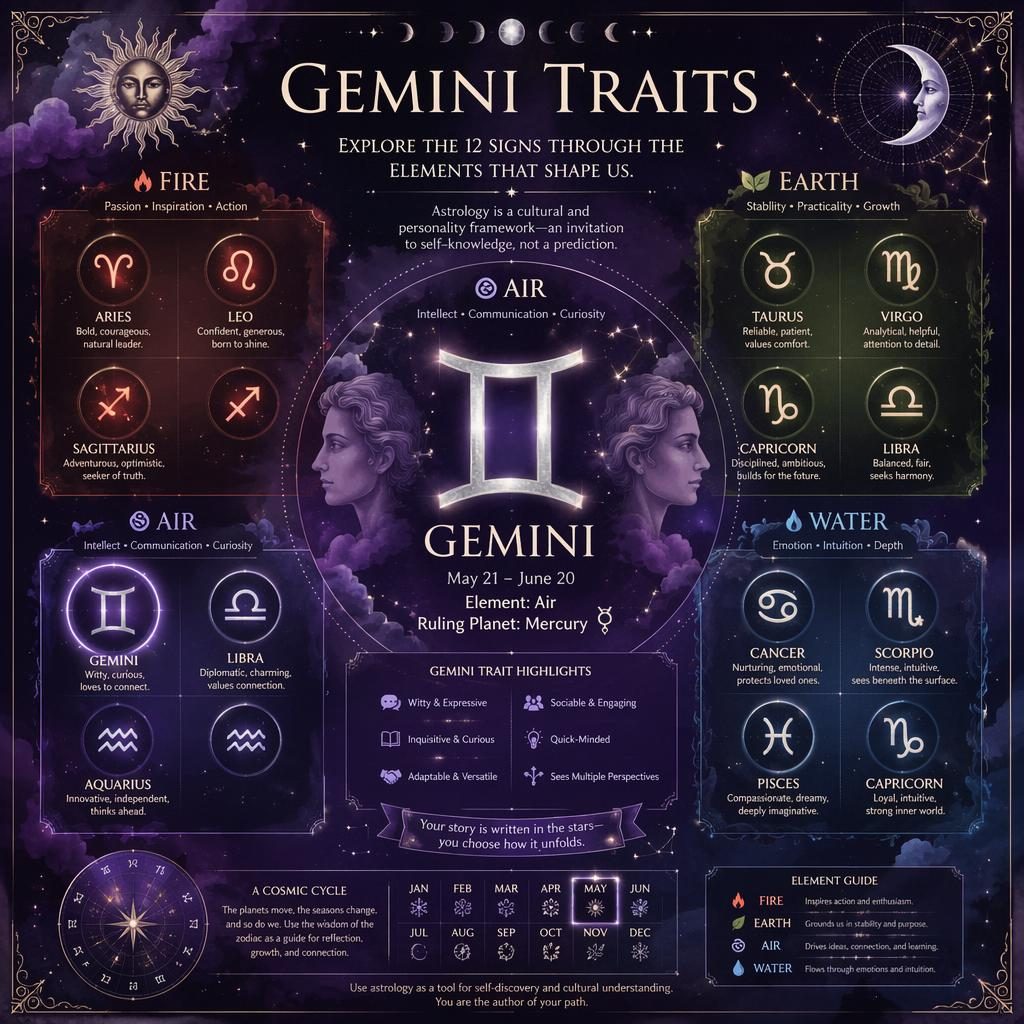 Mystical watercolor zodiac infographic showing 12 signs by element, with Gemini highlighted in the Air group in purple and silver.
