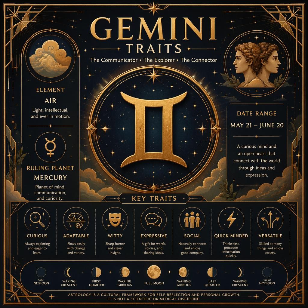 Art Deco zodiac infographic showing Gemini traits, glyph, May 21–June 20, Air, Mercury, stars, moon phases, and gold borders.