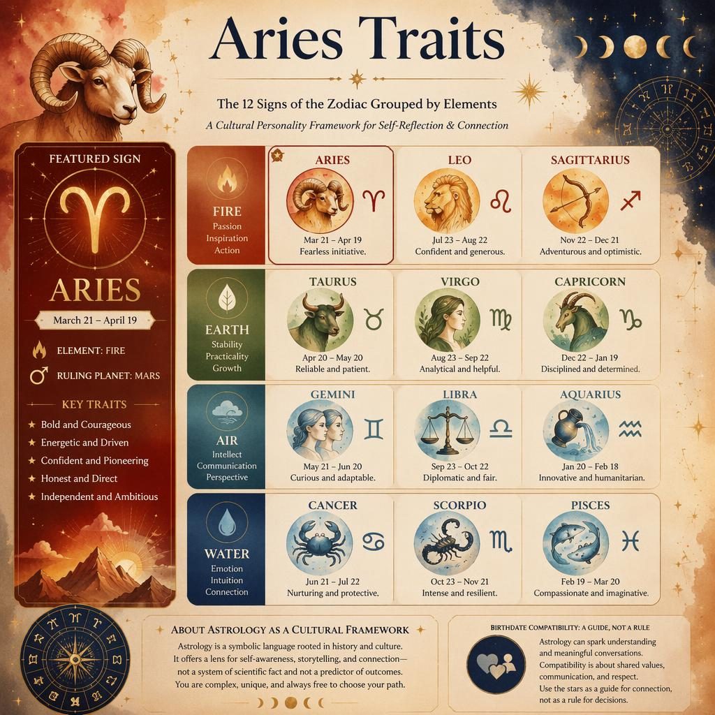 Mystical Aries Traits zodiac infographic with 12-sign elemental grid, Aries highlighted, watercolor stars, moon phases, and glyphs.