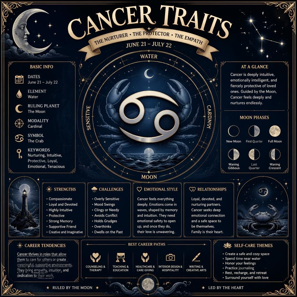 Vintage Cancer traits infographic with Cancer glyph, celestial rings, moon phases, stars, dates, element, and traits.