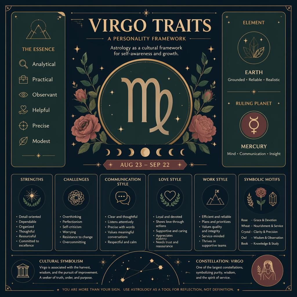 Virgo Traits zodiac infographic with Virgo glyph, Aug 23–Sep 22, Earth, Mercury, traits and celestial accents.