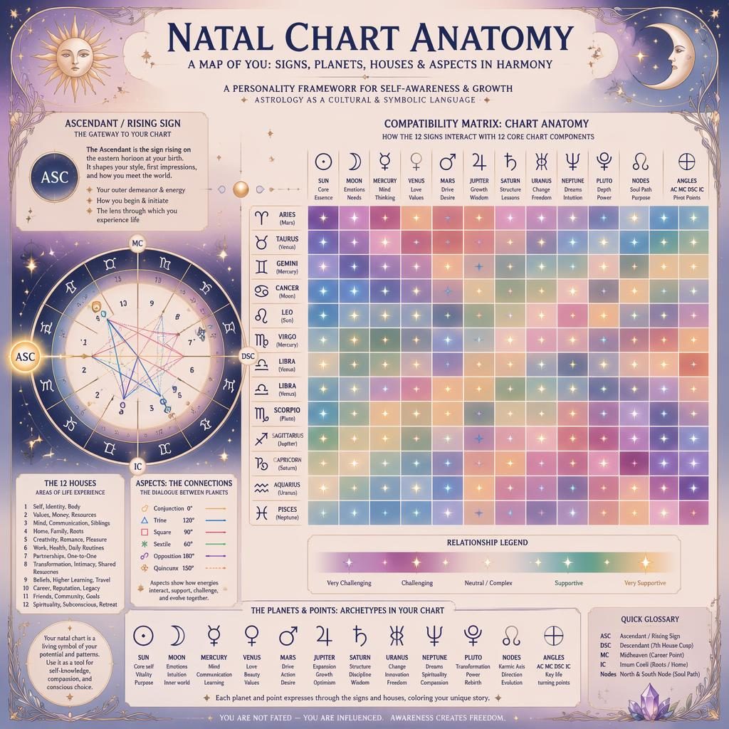 Astrology infographic with central birth chart wheel, rising sign highlight, zodiac matrix, moon phases, stars, and gold pastel motifs.