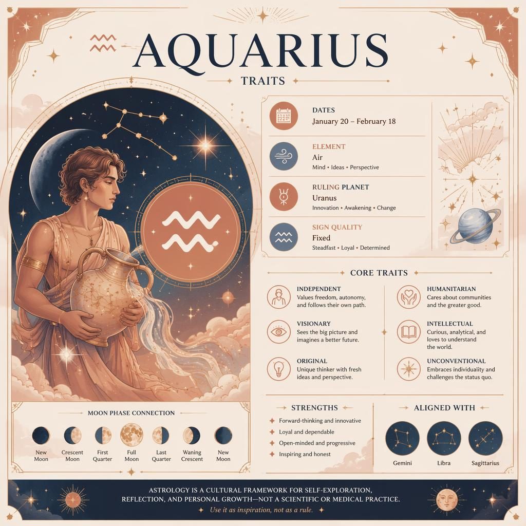 Infografía editorial de Acuario con glifo, fechas 20 enero–18 febrero, aire, Urano, rasgos y detalles celestiales.